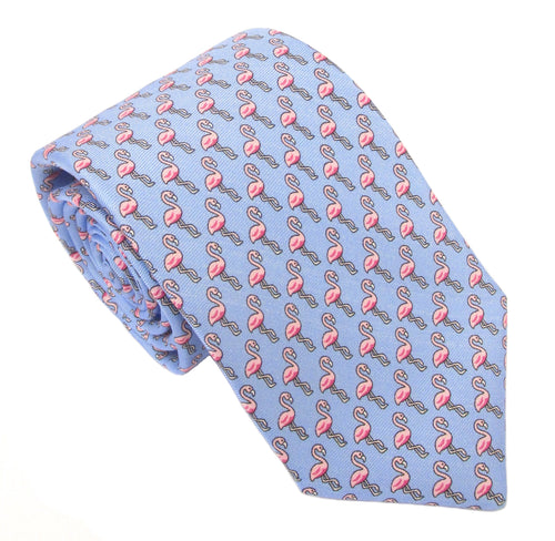 Italian Printed Silk Blue & Pink Flamingo Tie