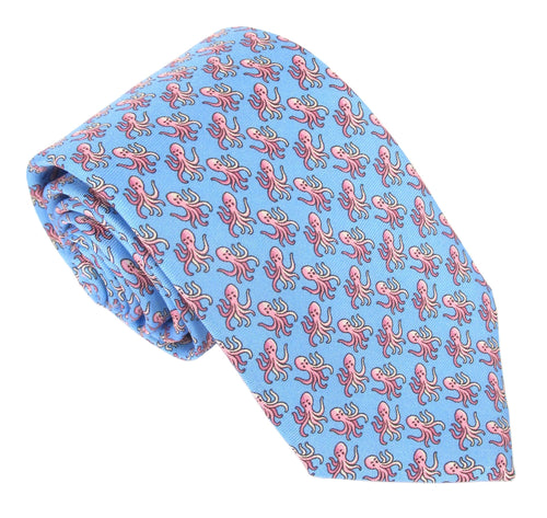 Italian Printed Silk Blue & Pink Octopus Tie