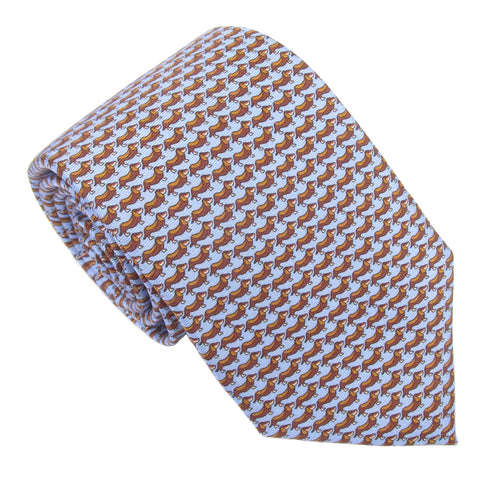 Italian Printed Silk Blue & Brown Dachshund Dog Tie