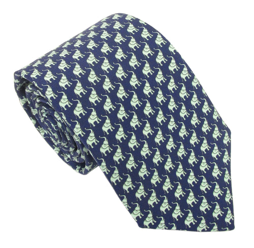 Italian Printed Silk Navy & Green Elephant Tie
