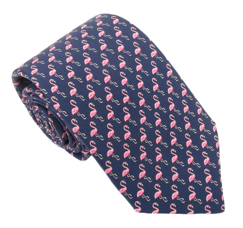 Italian Printed Silk Navy & Pink Flamingo Tie