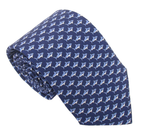 Italian Printed Silk Navy Shark Tie