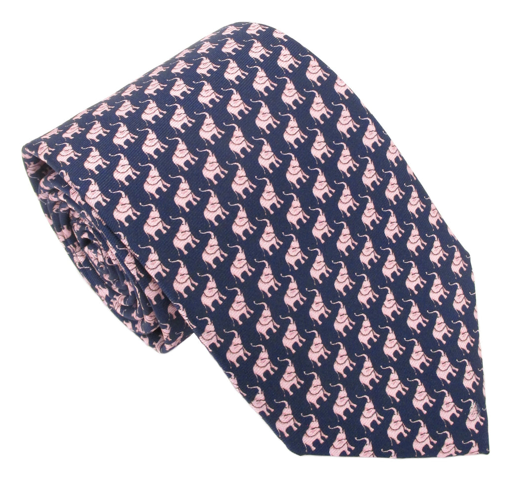 Italian Printed Silk Navy & Pink Elephant Tie