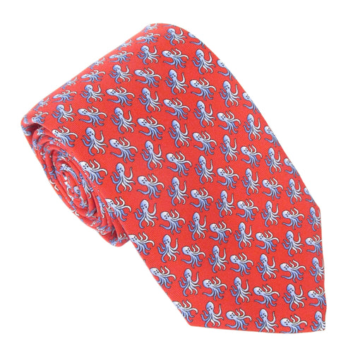 Italian Printed Silk Red & Blue Octopus Tie