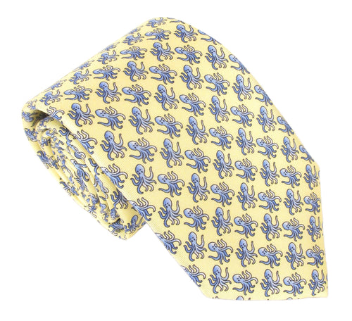 Italian Printed Silk Yellow & Blue Octopus Tie