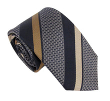 Navy Beige Weave Stripe Red Label Silk Tie by Van Buck