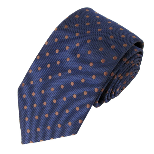 Navy Silk Tie With Brown Polka Dots