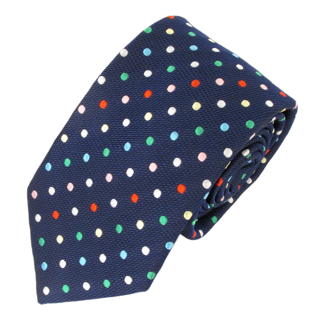 Navy Blue Silk Tie With Multi Coloured Polka Dots