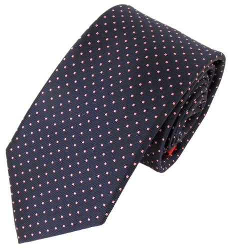 Navy Blue Silk Tie With Pink Pin Dots
