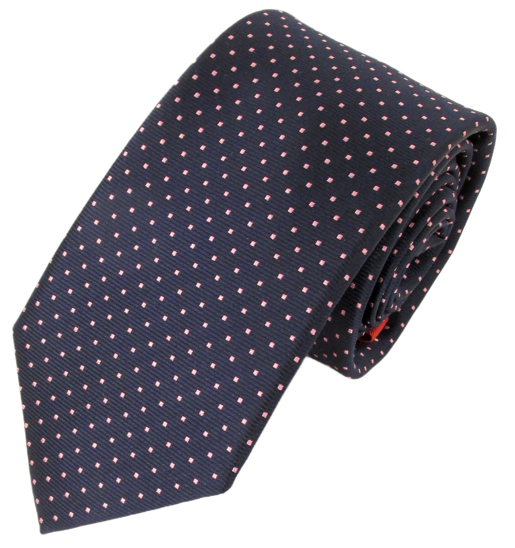 Navy Blue Silk Tie With Pink Pin Dots
