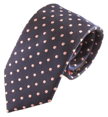 Navy Blue Silk Tie With Pink Polka Dots by Van Buck