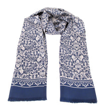 Navy White Floral Leaf Silk Dress Scarf