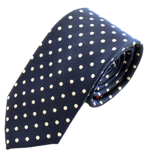 Navy Blue Silk Tie With White Polka Dots
