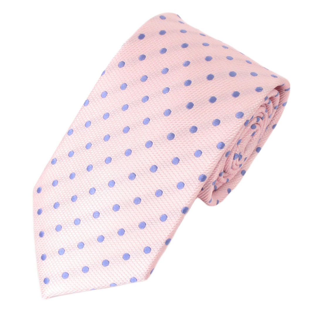 Pink Silk Tie With Sky Blue Polka Dots