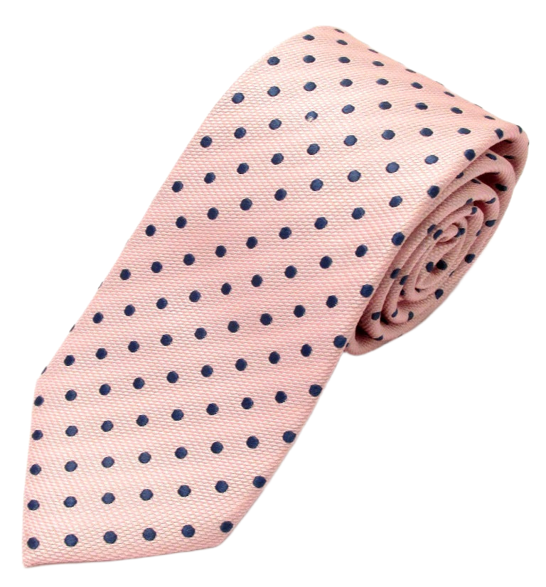 Pink Silk Tie With Navy Blue Polka Dots by Van Buck