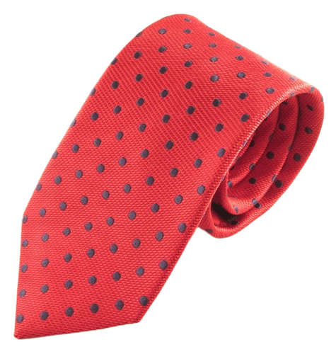 Red Silk Tie With Navy Blue Polka Dots by Van Buck