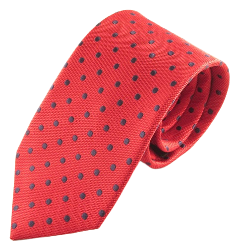 Red Silk Tie With Navy Blue Polka Dots by Van Buck