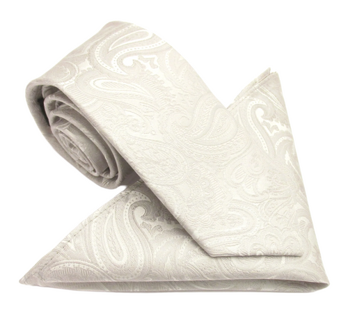 Paisley Silver Silk Tie & Pocket Square Set by Van Buck