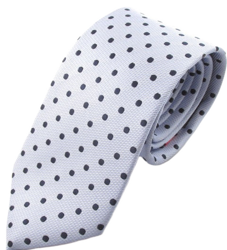 Sky Blue Silk Tie With Navy Blue Polka Dots by Van Buck