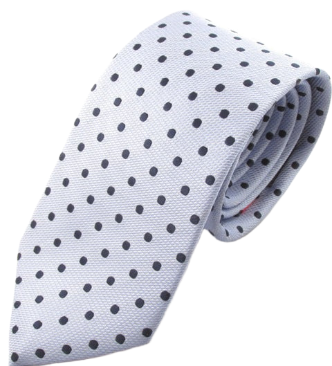 Sky Blue Silk Tie With Navy Blue Polka Dots by Van Buck