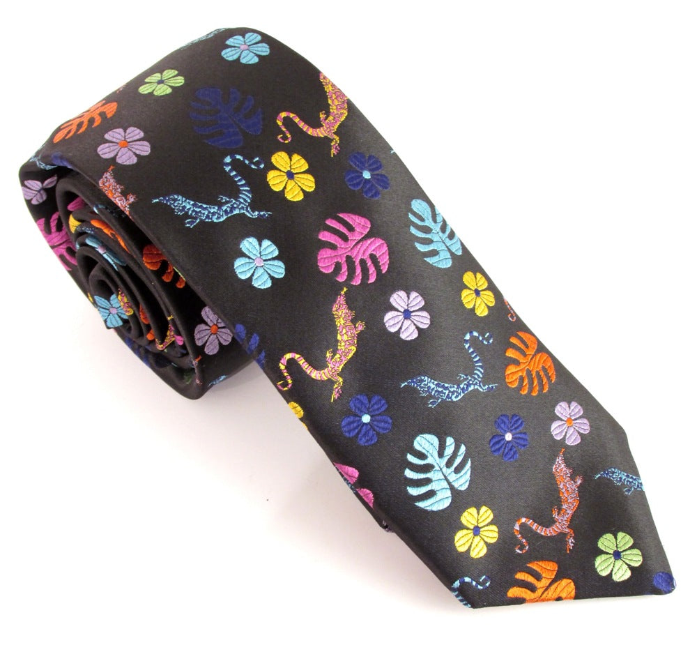 Van Buck Limited Edition Black with Multicoloured Lizard Silk Tie