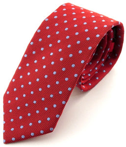 Red Silk Tie With Sky Blue Polka Dots