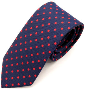 Navy Blue Silk Tie With Red Polka Dots