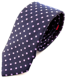 Navy Blue Silk Tie With Lilac Polka Dots