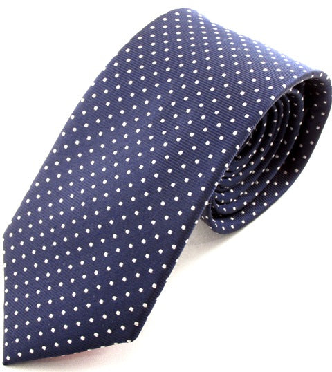 Navy Blue Silk Tie With White Pin Dots
