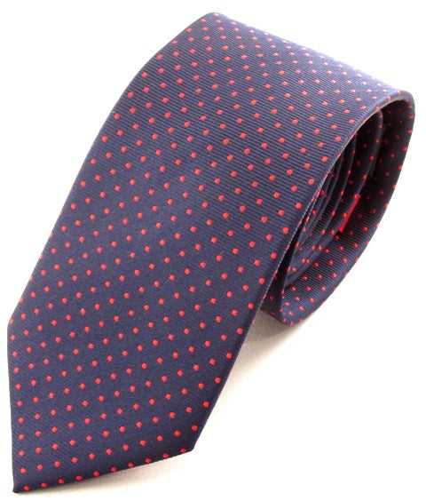 Navy Blue Silk Tie With Red Pin Dots – Van Buck England