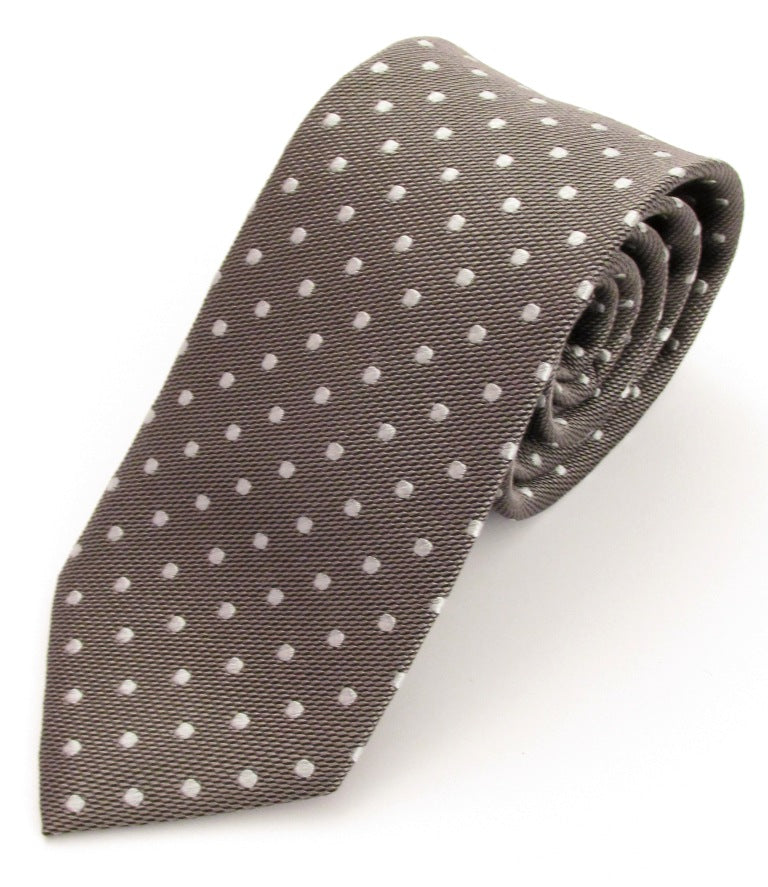 Grey Silk Tie with White Polka Dots by Van Buck
