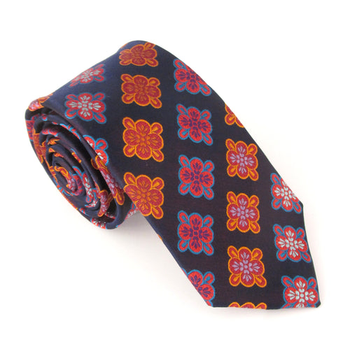 Navy & Orange Medallion Red Label Silk Tie by Van Buck