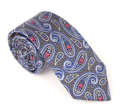 Grey & Sky Blue Paisley London Silk Tie by Van Buck