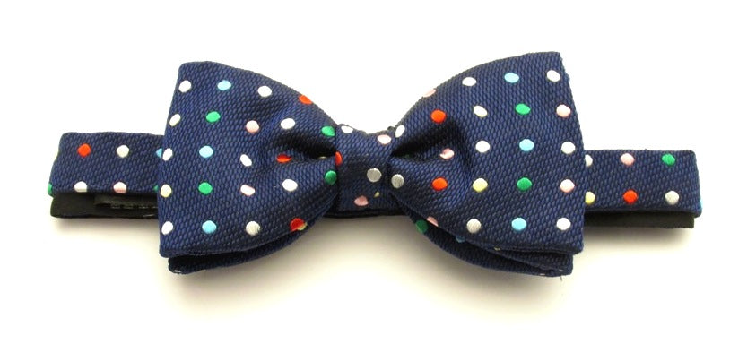 Multicoloured Polka Dot Navy Silk Bow Tie by Van Buck