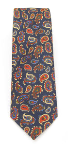 Navy Blue & Red Paisley Printed English Silk Tie by Van Buck