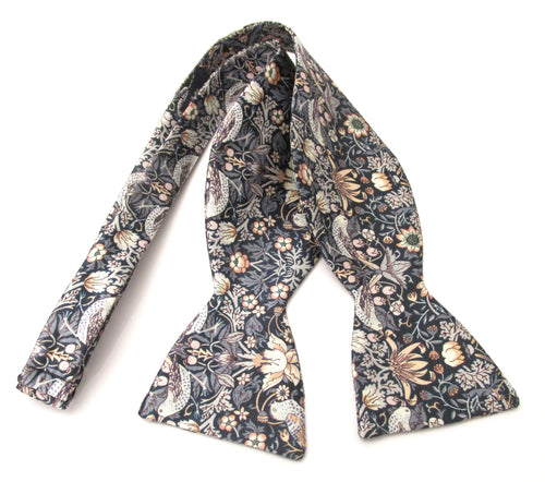 Strawberry Thief Silver Grey Silk Self-Tie Bow Made with Liberty Fabric
