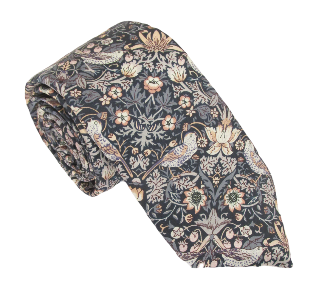 Strawberry Thief Silver Grey Silk Tie Made with Liberty Fabric