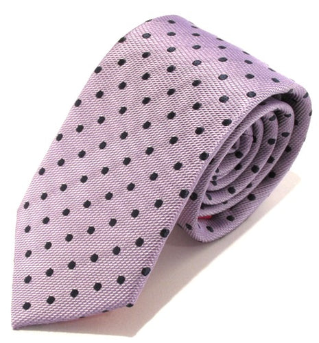 Lilac Silk Tie with Navy Blue Polka Dots by Van Buck