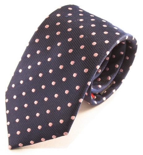 Navy Blue Silk Tie With Pink Polka Dots by Van Buck