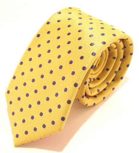 Gold Silk Tie with Navy Blue Polka Dots by Van Buck