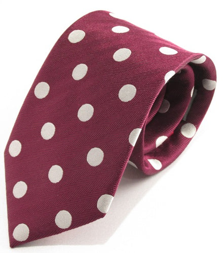 Burgundy Silk Tie With Large White Polka Dots by Van Buck
