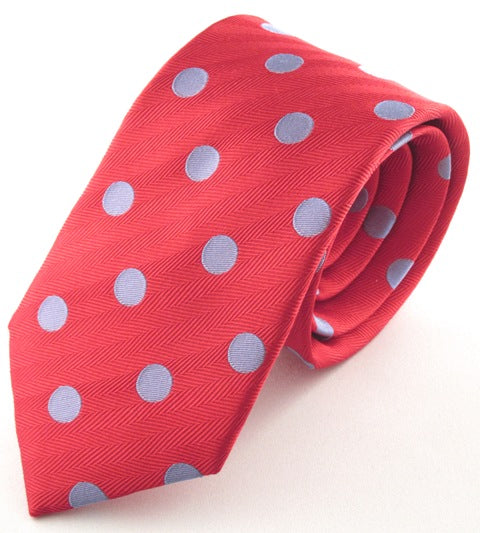 Red Silk Tie With Large Sky Blue Polka Dots