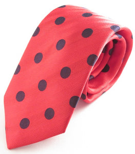 Red Silk Tie With Large Navy Blue Polka Dots by Van Buck