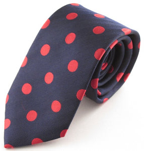 Navy Blue Silk Tie With Large Red Polka Dots
