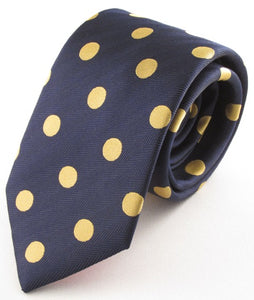 Navy Blue Silk Tie with Large Gold Polka Dots by Van Buck
