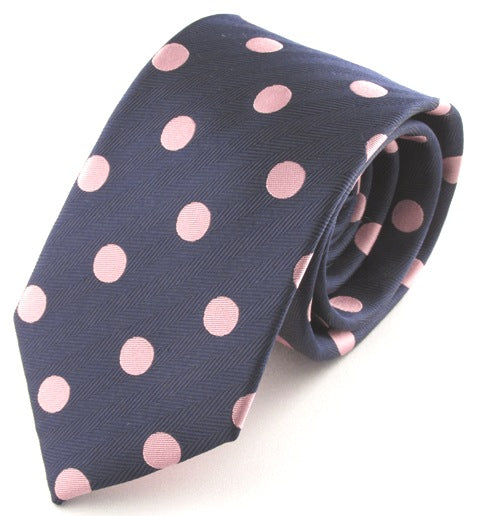 Navy Blue Silk Tie With Large Pink Polka Dots by Van Buck