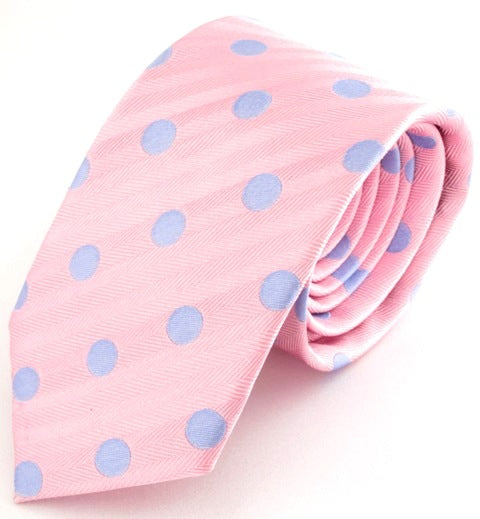 Pink Silk Tie With Large Sky Blue Polka Dots