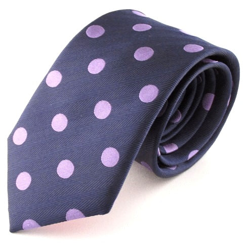 Navy Blue Silk Tie With Large Lilac Polka Dots