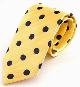 Gold Silk Tie with Large Navy Blue Polka Dots by Van Buck