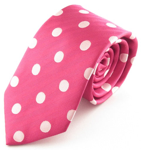 Cerise Pink Silk Tie With Large White Polka Dots by Van Buck